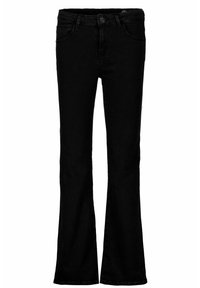 Jean noir évasé en denim, doté d'un design classique à cinq poches, fermeture à bouton et une texture lisse.