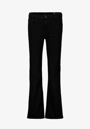 Jeans acampanados negros de denim, con un diseño clásico de cinco bolsillos, cierre de botón y una textura suave.