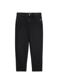 Vaqueros de denim negro con corte recto, bolsillos frontales, un botón de metal y costuras en contraste. Presentan una textura suave y un diseño clásico.