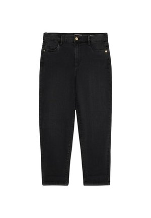 Jeans in denim nero con taglio dritto, tasche anteriori, un bottone in metallo e cuciture a contrasto. Presentano una texture liscia e un design classico.