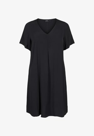 Sort kjole med V-udskæring og korte ærmer, der har en afslappet pasform og subtile plisseringer foran. Glat, letvægtsstof.