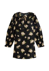 Robe noire à fleurs avec de longues manches bouffantes, un col rond et un détail de nœud. Motif floral en rose et vert, fabriquée en tissu léger.