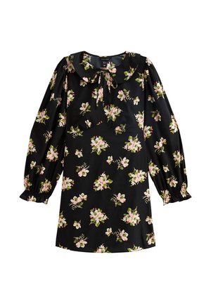 Abito nero floreale con maniche lunghe a sbuffo, colletto rotondo e dettaglio con fiocco. Motivo floreale in rosa e verde, realizzato in tessuto leggero.