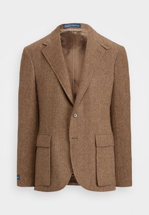 Brown herringbone blazer made of woven fabric, featuring a notched lapel, two front pockets, and a single button closure. Satin interior lining.