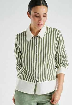 Vrouw die een groen-wit verticaal gestreept overhemd draagt met een witte kraag en manchetten, gecombineerd met lichtgroene broek.