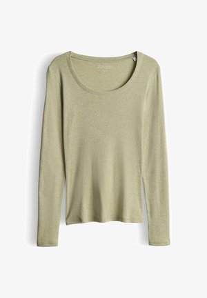Camicia a maniche lunghe in morbido tessuto verde chiaro con scollo rotondo, texture liscia e maniche aderenti; nessun motivo o accentuazione visibile.