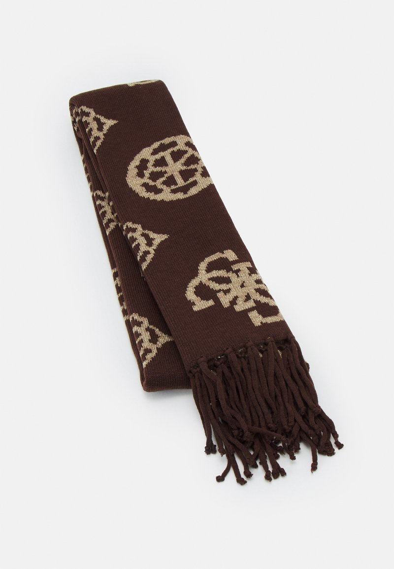 Écharpe en tricot marron présentant des motifs géométriques crème tissés et des franges à une extrémité. Texture douce avec une forme plate et allongée.