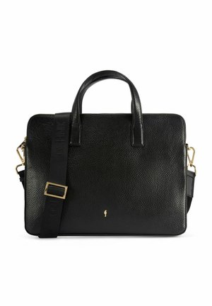 Czarna, teksturowana skórzana teczka z podwójnymi uchwytami i regulowanym paskiem na ramię, wyposażona w złote elementy metalowe oraz małe złote logo.