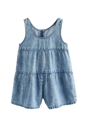 Denim romper with a round neckline, sleeveless design, and tiered ruffle detail. Light blue color with contrasting stitching.