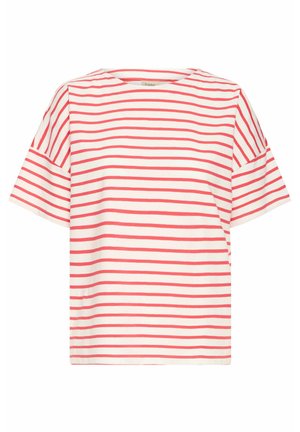 Punaste ja valgete triipudega lühikeste varrukatega T-särk, ümmarguse kaelusega ja vabalt istuva lõikega, valmistatud pehmest puuvillaste materjalidest.