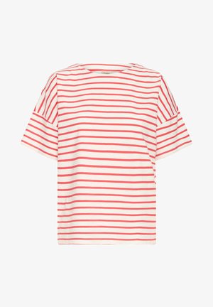 Punaste ja valgete triipudega lühikeste varrukatega T-särk, ümmarguse kaelusega ja vabalt istuva lõikega, valmistatud pehmest puuvillaste materjalidest.