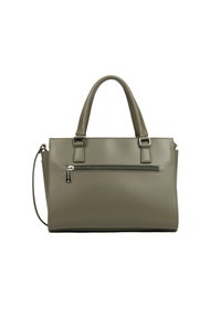 Borsa elegante di colore verde oliva con doppi manici e una tracolla staccabile, dotata di una tasca con zip frontale per una maggiore praticità.