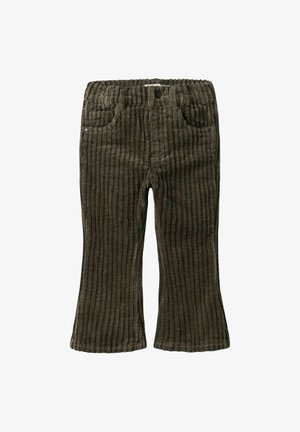 Corduroy flared trousers in dark green, featuring vertical ribbing, an elastic waistband, and side pockets. Soft texture and casual design.