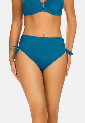 Teal wysokiej talii bikini dolna część z marszczonymi bokami, regulowanymi trokami i gładką teksturą. Charakteryzuje się minimalistycznym designem i zapewnia umiarkowane zakrycie.