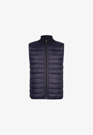 Marineblauer, gesteppter, ärmelloser Weste mit Vorderreißverschluss und geripptem Stehkragen, entworfen für Wärme und zum Schichten.