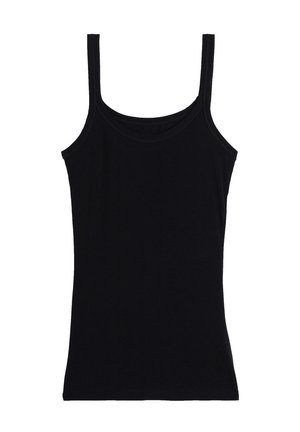 Débardeur noir en tissu lisse, avec des fines bretelles, un col rond et une silhouette ajustée. Aucun motif ni embellissement présent.