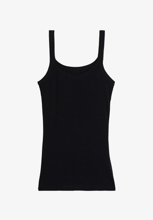 Schwarzes Tanktop aus glattem Material, mit dünnen Trägern, rundem Ausschnitt und figurbetonter Silhouette. Keine Muster oder Verzierungen vorhanden.