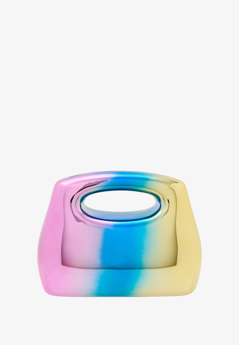 Fényes kézitáska, amely pink, kék és sárga színek árnyalataiban pompázik. Kerek fogantyúval és sima, enyhén ívelt formával rendelkezik.