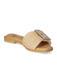 Woven straw slide sandals with a flat sole. Features a decorative, metallic buckle adorned with rhinestones. Color: natural and beige.