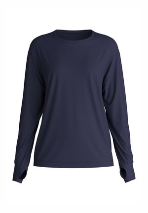 Navyblauw shirt met lange mouwen van een zachte stof. Heeft een ronde halslijn en duimgaten in de mouwen voor extra comfort en functionaliteit.