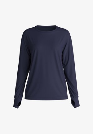 Navyblauw shirt met lange mouwen van een zachte stof. Heeft een ronde halslijn en duimgaten in de mouwen voor extra comfort en functionaliteit.