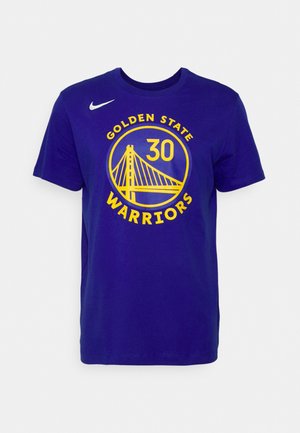 Lilla puuvillane T-särk, millel on kollane ringikujuline graafika tekstiga "GOLDEN STATE WARRIORS" ja "30", ning valge Nike logo.