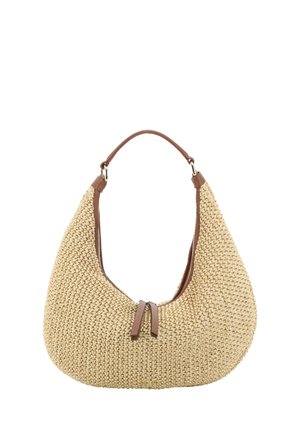 Beige geweven schoudertas met bruine leren handgreep en ritssluitingen, met een afgeronde, nonchalante vorm.