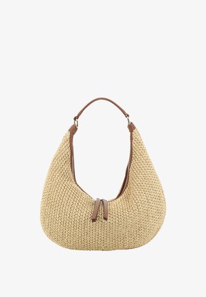 Beige gewebte Schultertasche mit braunem Ledergriff und Reißverschlussanhängern, mit abgerundeter, lässiger Form.