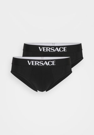 Culottes en coton noir avec un logo "VERSACE" blanc sur la ceinture, mettant en avant une bande élastique et une texture douce. Deux paires comprises.