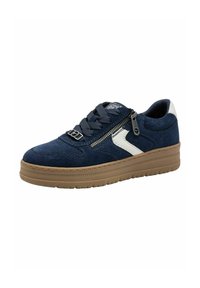 Navy suede sneaker with a white accent. Features a textured upper, round toe, lace-up closure, side zipper, and a rubber sole with a ridged pattern.