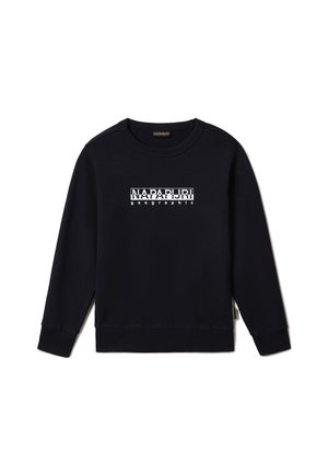 Sort langærmet crewneck sweatshirt med hvid "NAPAPIJRI geographic" logo centreret på brystet, ribbede manchetter og nederdel.