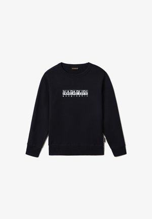 Sweatshirt noir à manches longues, col rond, avec le logo blanc "NAPAPIJRI geographic" centré sur la poitrine, poignets et ourlet côtelés.
