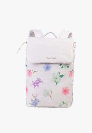 Floral backpack with a white background, featuring pink, purple, and blue flower patterns. Includes a top handle and adjustable straps.