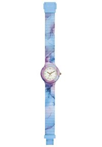 Farverig silikoneur med et mønstret rem i nuancer af blå og lilla, der har en rund hvid urskive samt gyldne time- og minutvisere.
