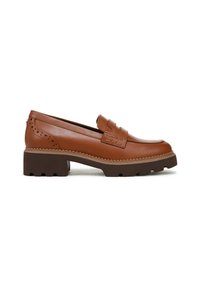 Brown leather loafers with a chunky sole, featuring decorative stitching and cut-out accents along the sides. Smooth texture, classic design.