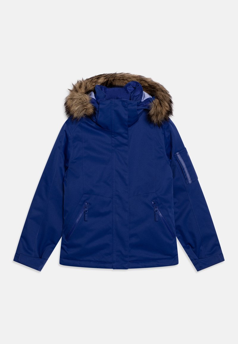 Veste bleu marine avec capuche doublée de fourrure, poches latérales zippées et texture lisse avec coutures de renforcement.