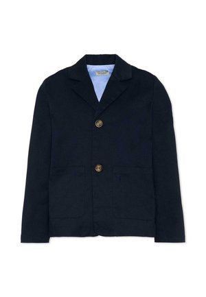 Męska marynarka granatowa z dwoma brązowymi guzikami, kołnierzem z wycięciem, dwoma przednimi kieszeniami naszywanymi i jasnoniebieską podszewką.