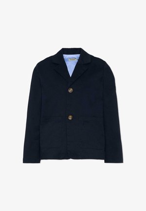 Marineblauwe herenblazer met twee bruine knopen, revers met inkeping, twee opgestikte voorzakken en een lichtblauwe binnenvoering.