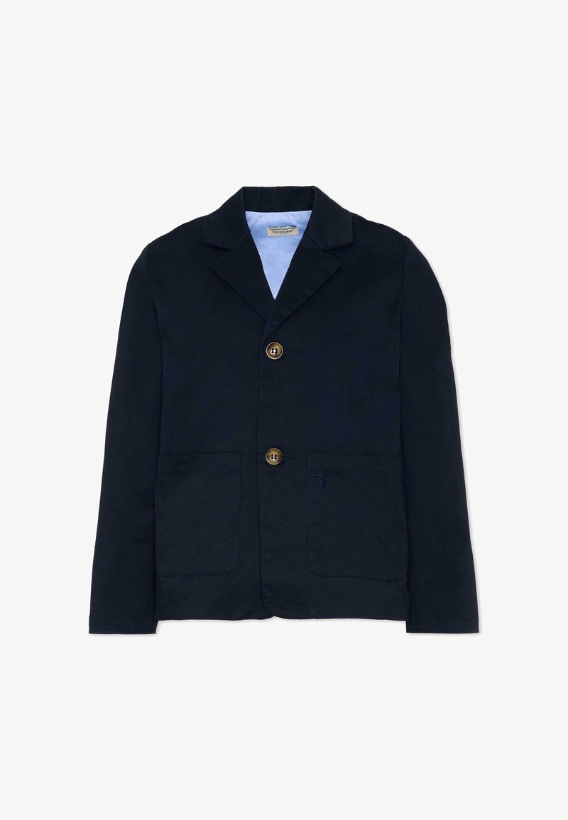 Blazer bleu marine pour homme avec deux boutons marron, col à revers cranté, deux poches plaquées devant et doublure intérieure bleu clair.