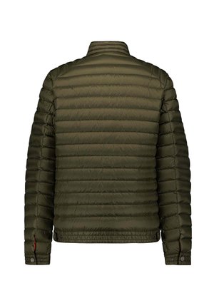 Giacca puffer verde oliva con design a quadrati orizzontali, colletto alto e polsini con bottoni a pressione. Tessuto leggero e isolante.