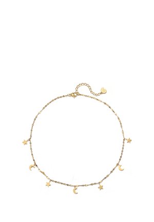 Delicate gouden ketting armband met afwisselend kleine ster- en maansikkelbedeltjes en een karabijnsluiting met verlengketting.