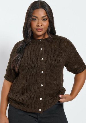 Vrouw met lang donker haar, gekleed in een donkerbruin gebreid vest met korte mouwen en witte knopen, poserend met één hand op haar heup.