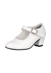 Zapato Mary Jane blanco con puntera redondeada, tacón medio grueso y correa ajustable con hebilla plateada sobre el empeine.