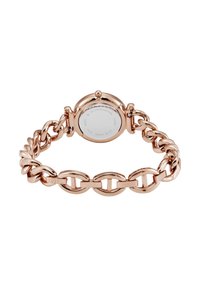 Montre-bracelet en or rose avec un bracelet en chaîne épaisse. Boîtier rond, dos en acier inoxydable, finition polie et détails en maillons avec un logo.