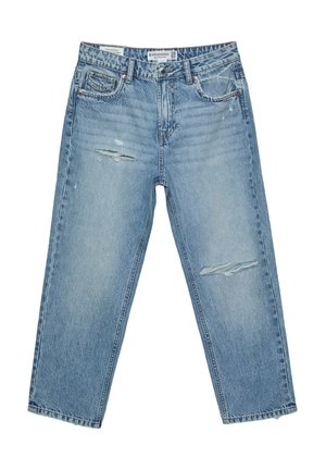 Lichtblauwe denim jeans met een ontspannen pasvorm, versleten plekken op de dijen, knoop- en ritssluiting, en een ontwerp met vijf zakken.