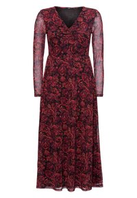 Långärmad blommig klänning med V-ringning, i en mörkröd bas, intrikata paisleymönster och en flödande, genomskinlig textur.