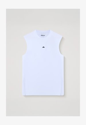 Besiūlis baltas sportinis tankinis marškinėlis su mažu juodu ellesse logotipu krūtinės viduryje, vidutinio dydžio, ant šviesaus vientiso fono.