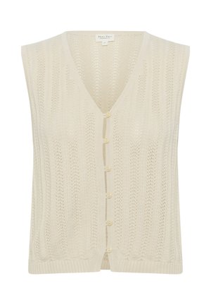 Knit sleeveless cardigan in cream with a V-neck and button front closure. Features a ribbed hem and openwork texture throughout.