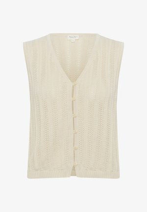 Ärmellose Strickweste in Creme mit V-Ausschnitt und Knopfleiste. Mit geripptem Saum und durchgehendem Lochmuster.