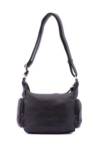 Borsa a tracolla in pelle nera con una superficie texturizzata, forma rettangolare, tracolla regolabile e tasche laterali con zip per un'ulteriore capacità di stoccaggio.